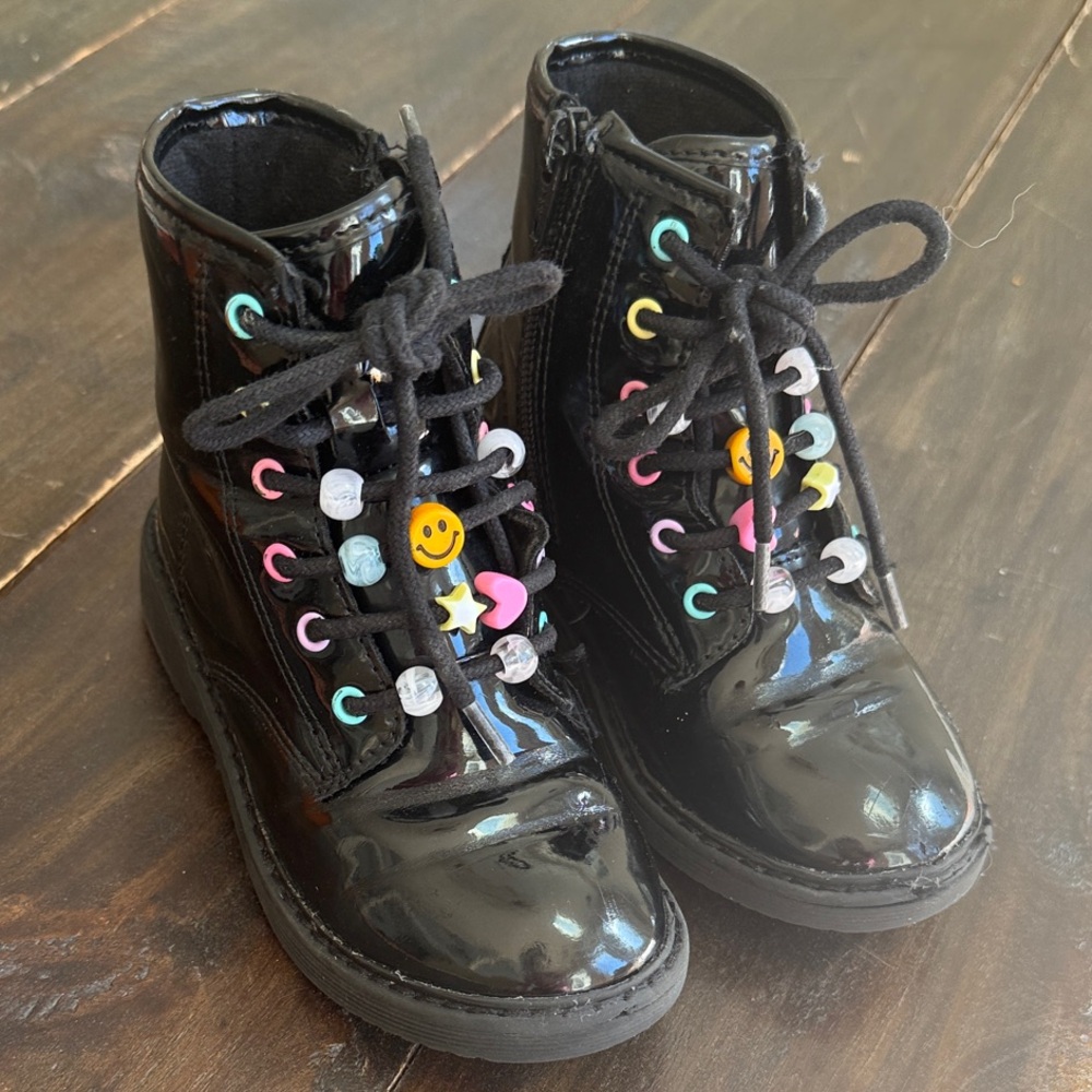 Place Glossy Black Kids Boots with Fun Beads